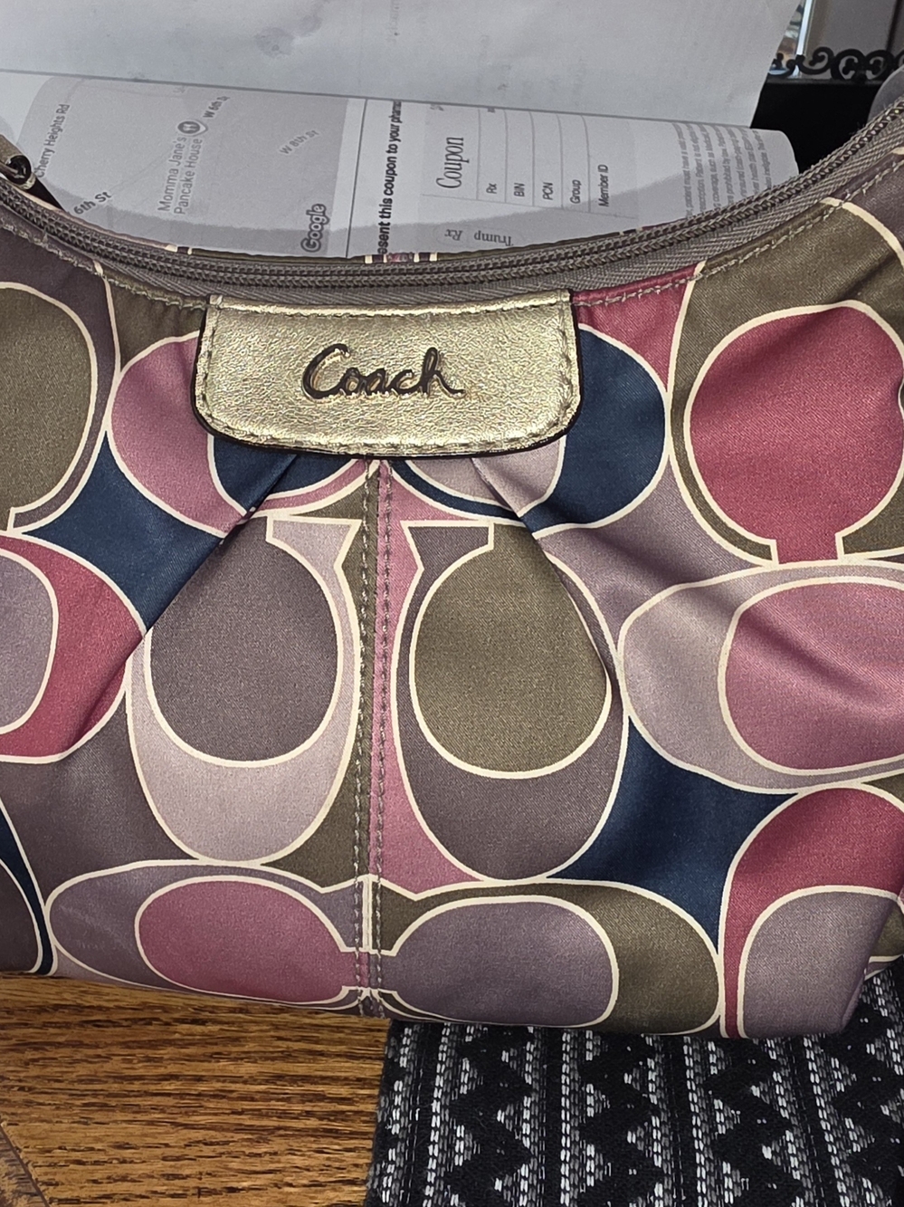 Coach Satin Shoulder Bag with Pink, Navy & Taupe Circle Print